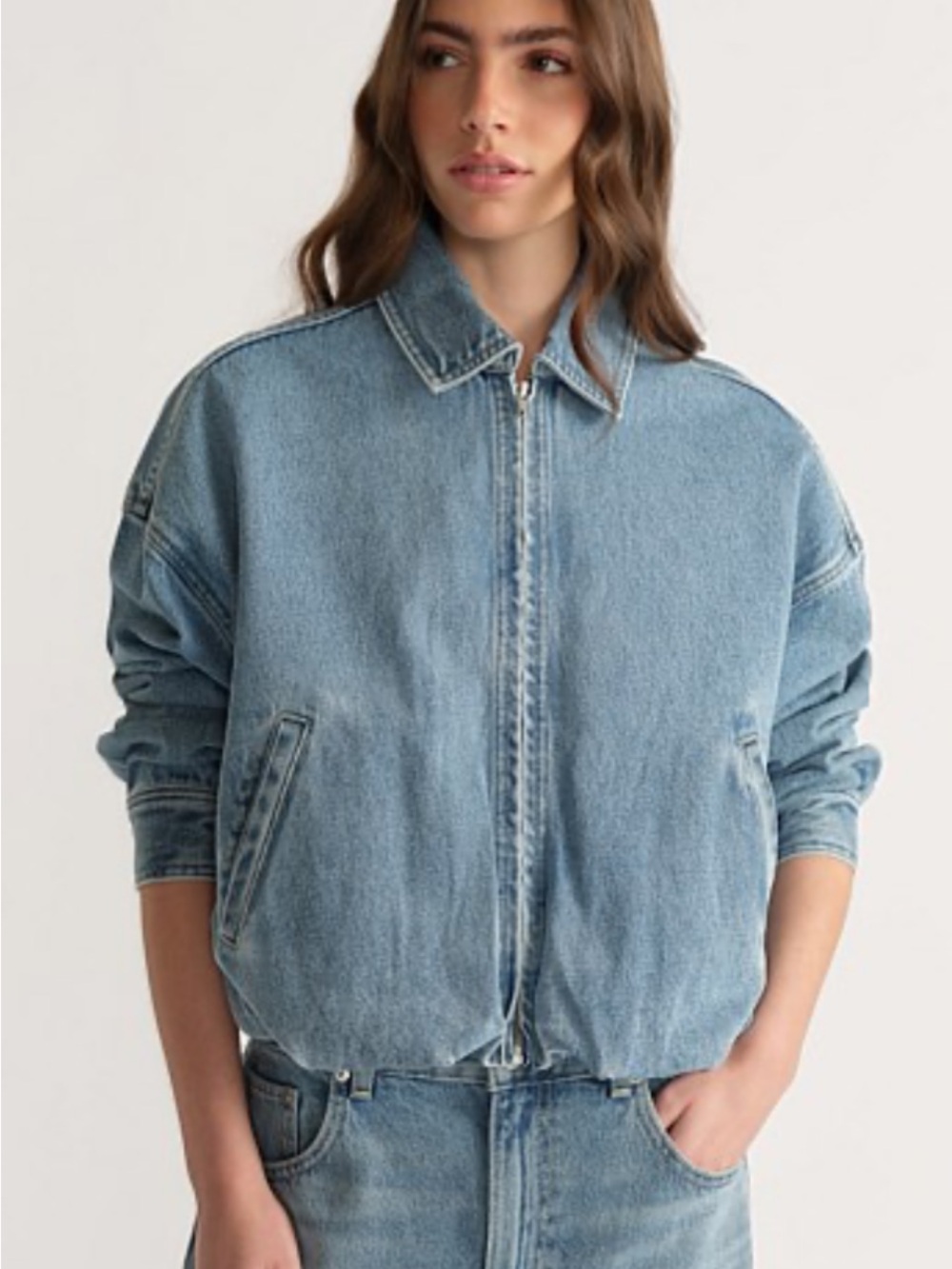 emory park Light Blue Denim Zip-Up Bomber Jacket